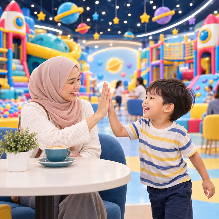 A parent and child in the MONI LAND café
