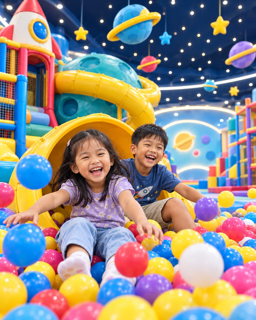 Kids sliding into the ball pit at MONI LAND